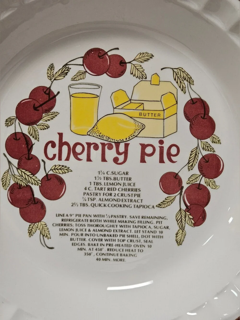 Vintage Hankook Korea Ceramic Deep Dish Cherry Pie Plate With Printed Recipe